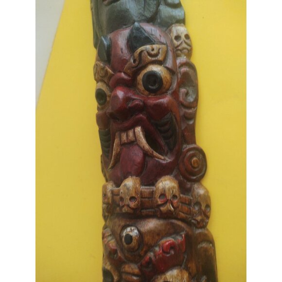 Vintage Nepalese Mahakala Wood Carving 19" x 5" Tibetan Totem Pole - Picture 11 of 14